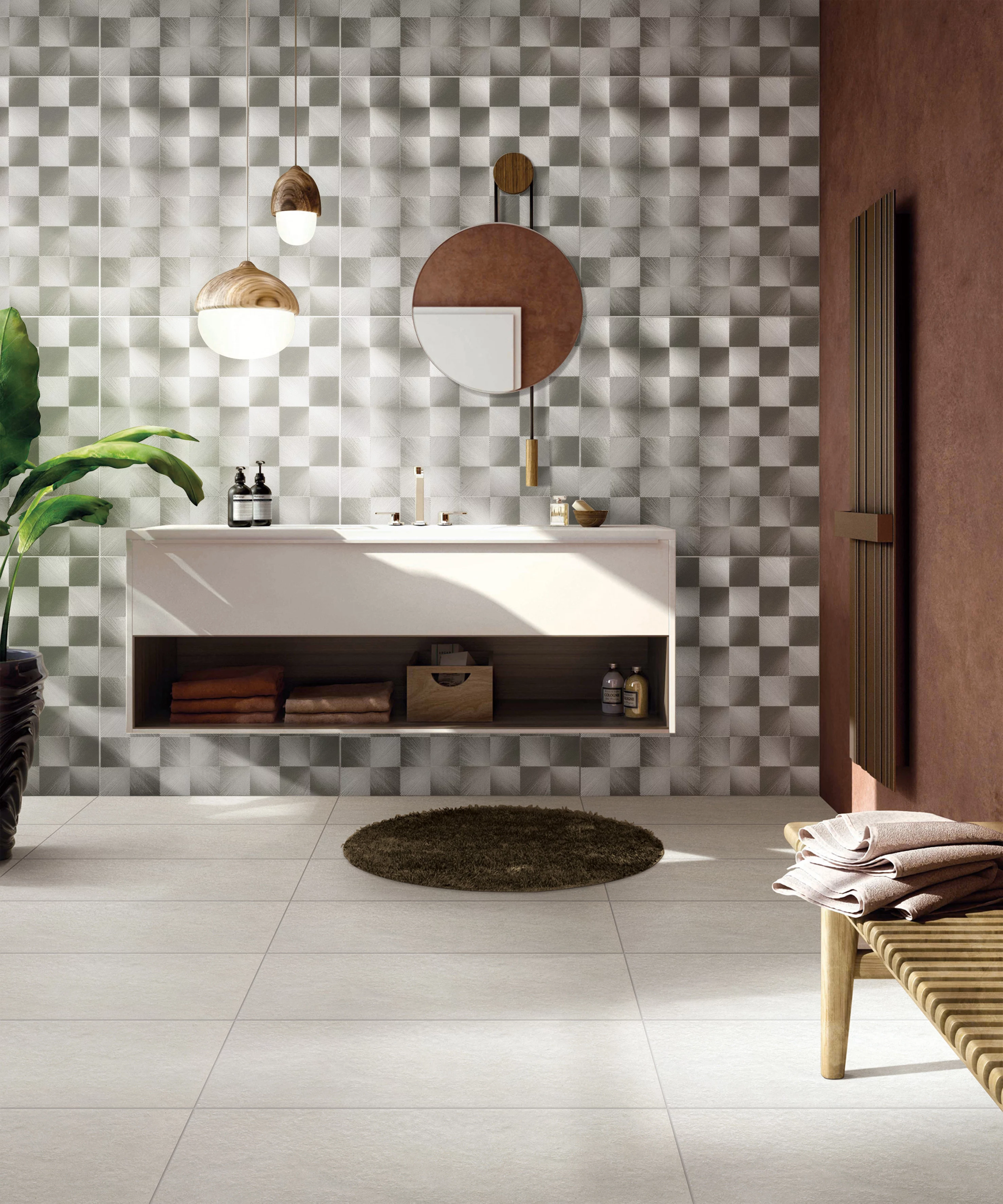 GRESIE 6JS089 - 60X60 cm, porțelanată metalică, gri-antracit, rectificată, glazurată, cu model geometric în relief, ideală pentru placări decorative interioare.