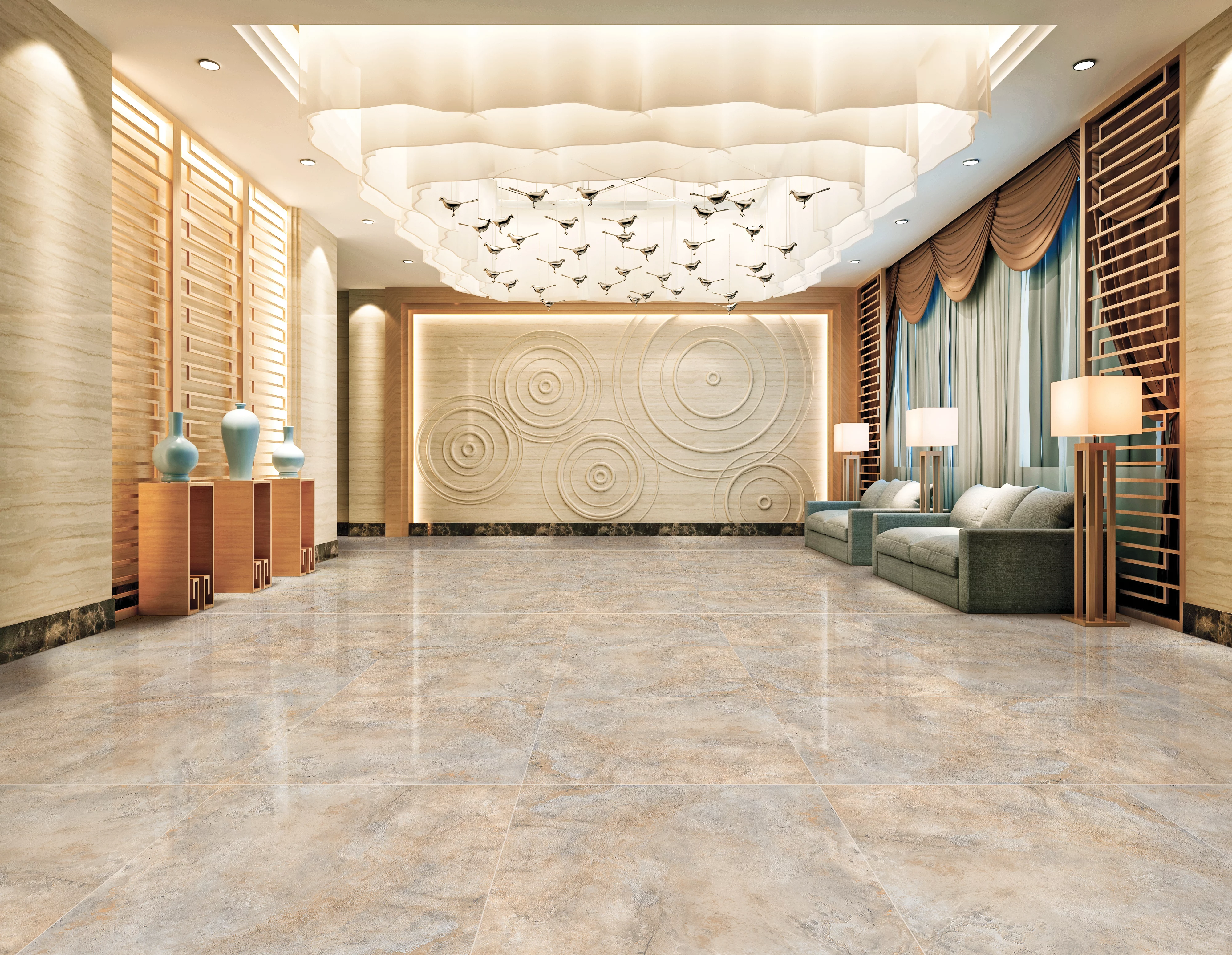 GRESIE VENTANO - 60X60 cm, porțelanată, lucioasă, în nuanțe de gri, bej și accente ruginii, design unic realizat prin imprimare digitală, ideală pentru interioare elegante.