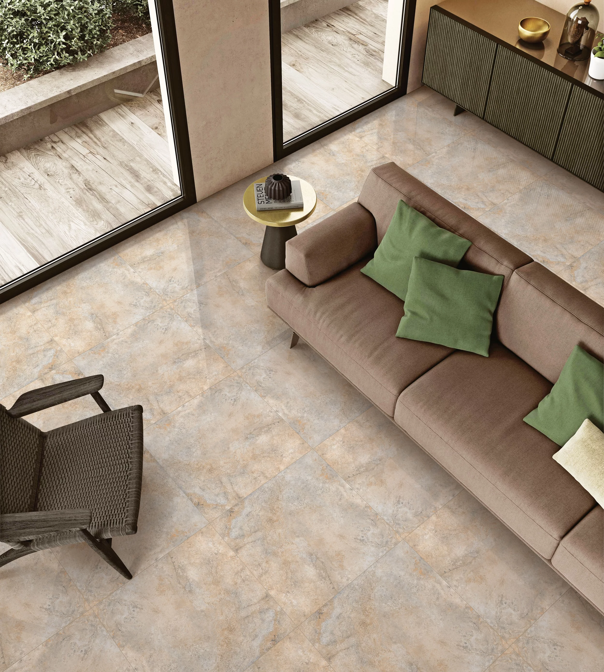 GRESIE VENTANO - 60X60 cm, porțelanată, lucioasă, în nuanțe de gri, bej și accente ruginii, design unic realizat prin imprimare digitală, ideală pentru interioare elegante.