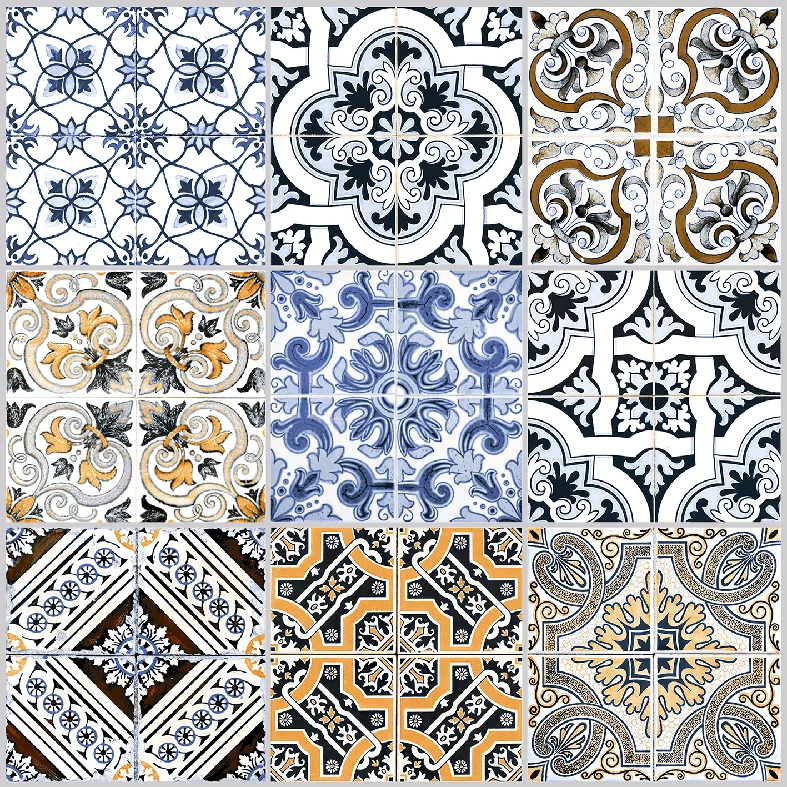 PLACA DECOR 7322 - 30X30 cm, ceramica glazurata, decorativa, multicoloră in tonuri de alb, negru, albastru și auriu, suprafata mată, pentru interior, pereți și pardoseli.