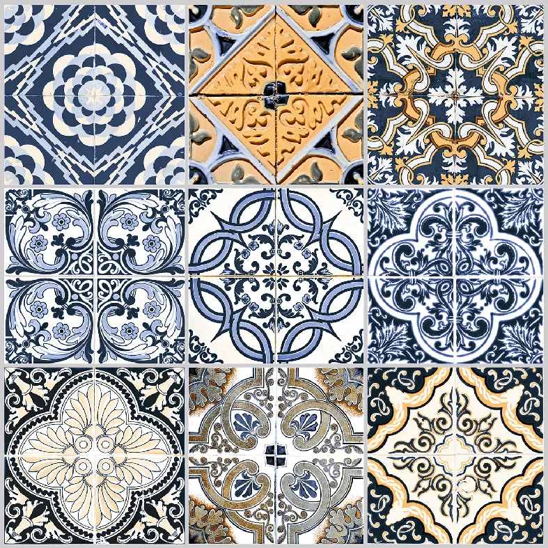 PLACA DECOR 7322 - 30X30 cm, ceramica glazurata, decorativa, multicoloră in tonuri de alb, negru, albastru și auriu, suprafata mată, pentru interior, pereți și pardoseli.