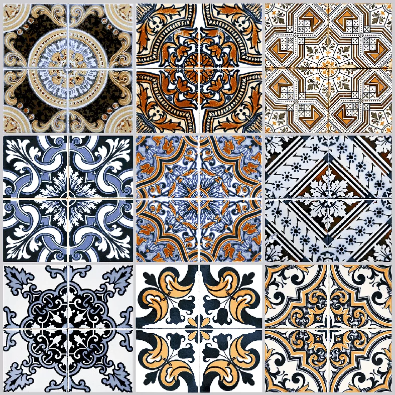 PLACA DECOR 7322 - 30X30 cm, ceramica glazurata, decorativa, multicoloră in tonuri de alb, negru, albastru și auriu, suprafata mată, pentru interior, pereți și pardoseli.