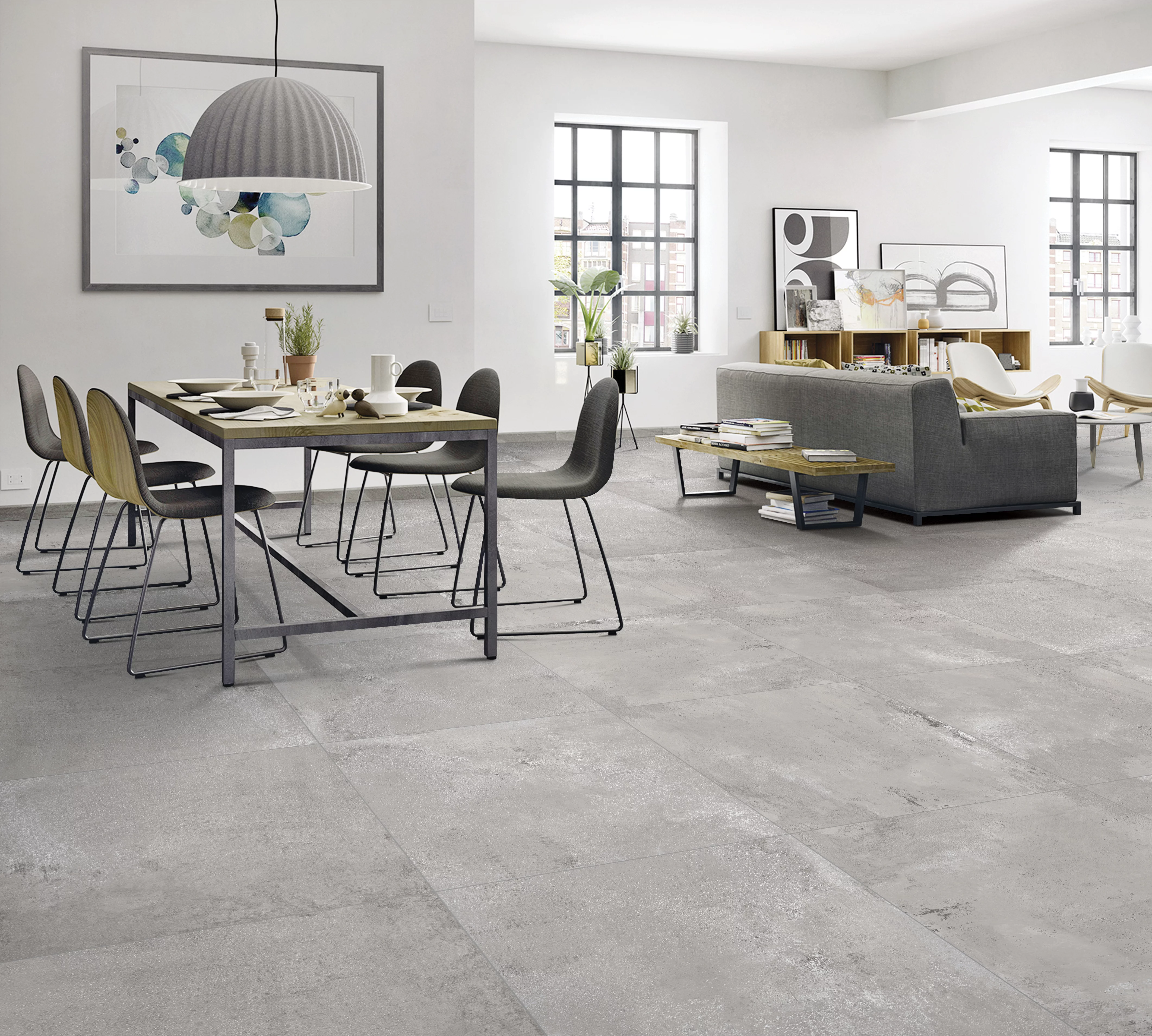 GRESIE RENOLT GREY - 60X60 cm, portelanată, glazurată, mată, rectificată, cu aspect de beton, în nuanțe de gri, potrivită pentru trafic intens, pentru interior si exterior.