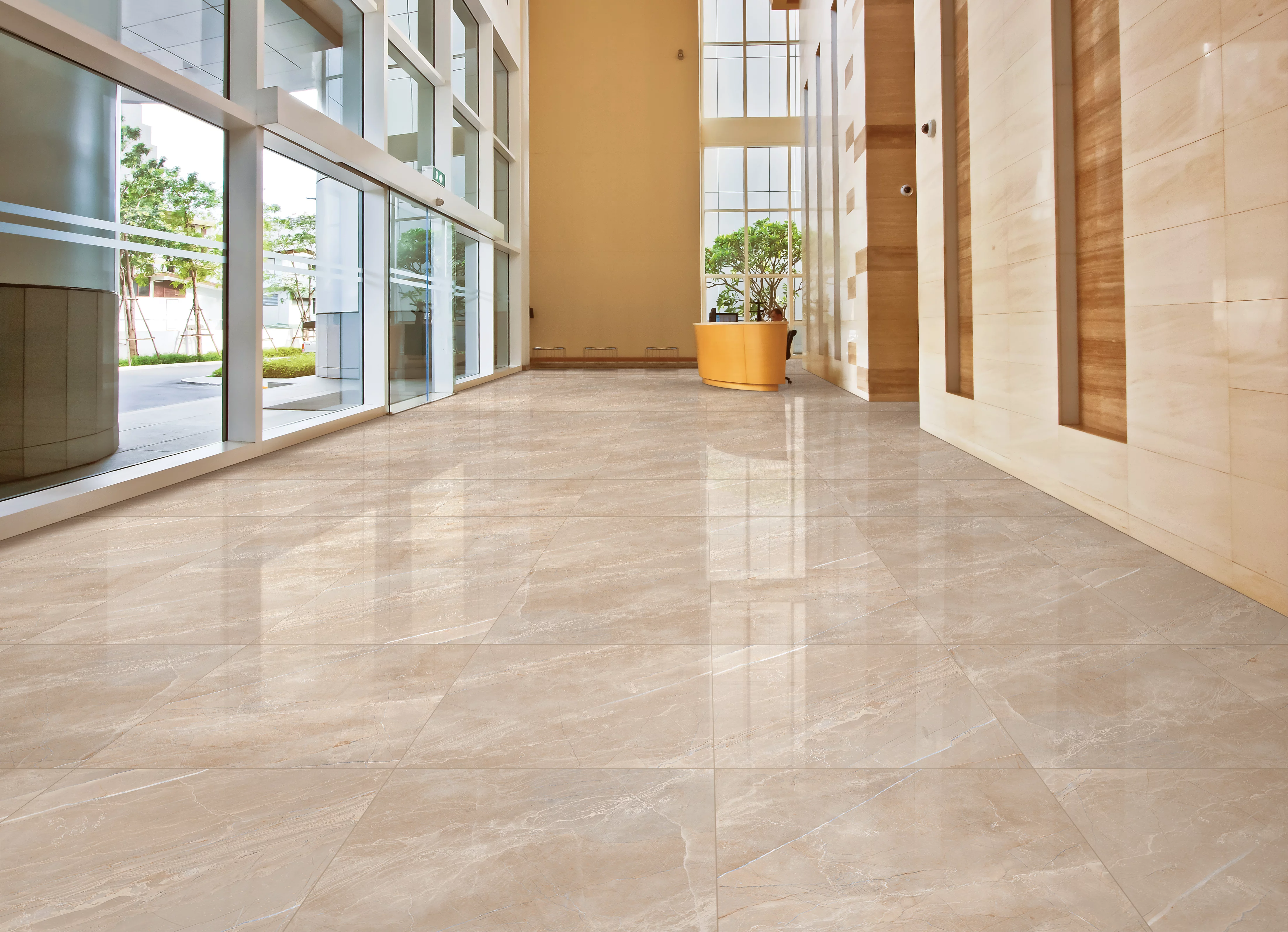 GRESIE MEXICAN CHOCO (305) - 60X60 cm, porțelanată, lucioasă, cu aspect marmorat bej, perfectă pentru interioare elegante și calde.