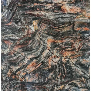 GRESIE JBN63274D - 60X60 cm, porțelanată, glazurată, rectificată, lucioasă, cu imprimeu digital inkjet în nuanțe de negru, portocaliu-arămiu, gri și crem, finisaj marmorat abstract, ideală pentru interior si exterior.