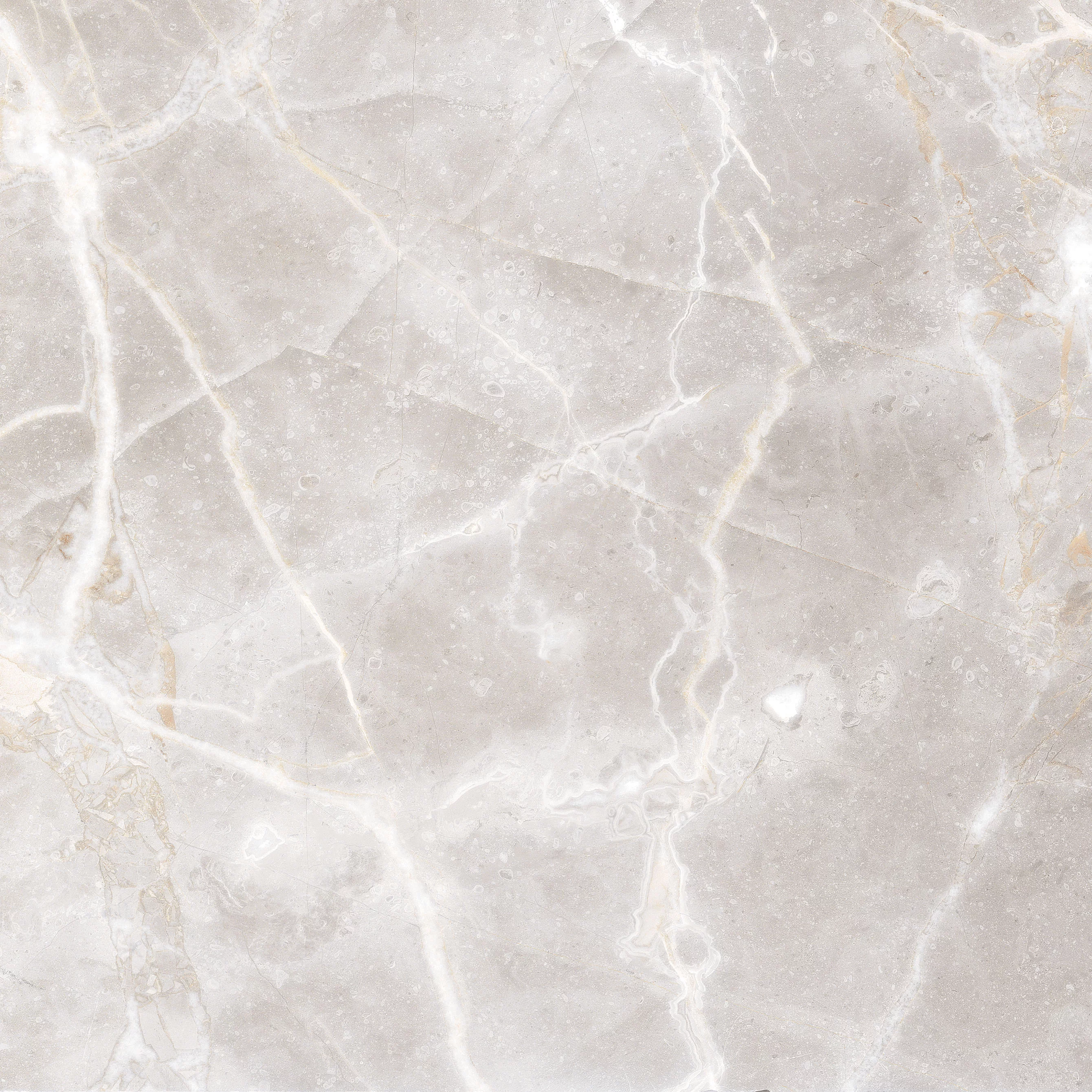 GRESIE 391 - 60X60 cm, porțelanată, rectificată, în nuanțe de gri deschis cu vene albe și aurii, finisaj lucios elegant, potrivită pentru interioare moderne și rafinate.