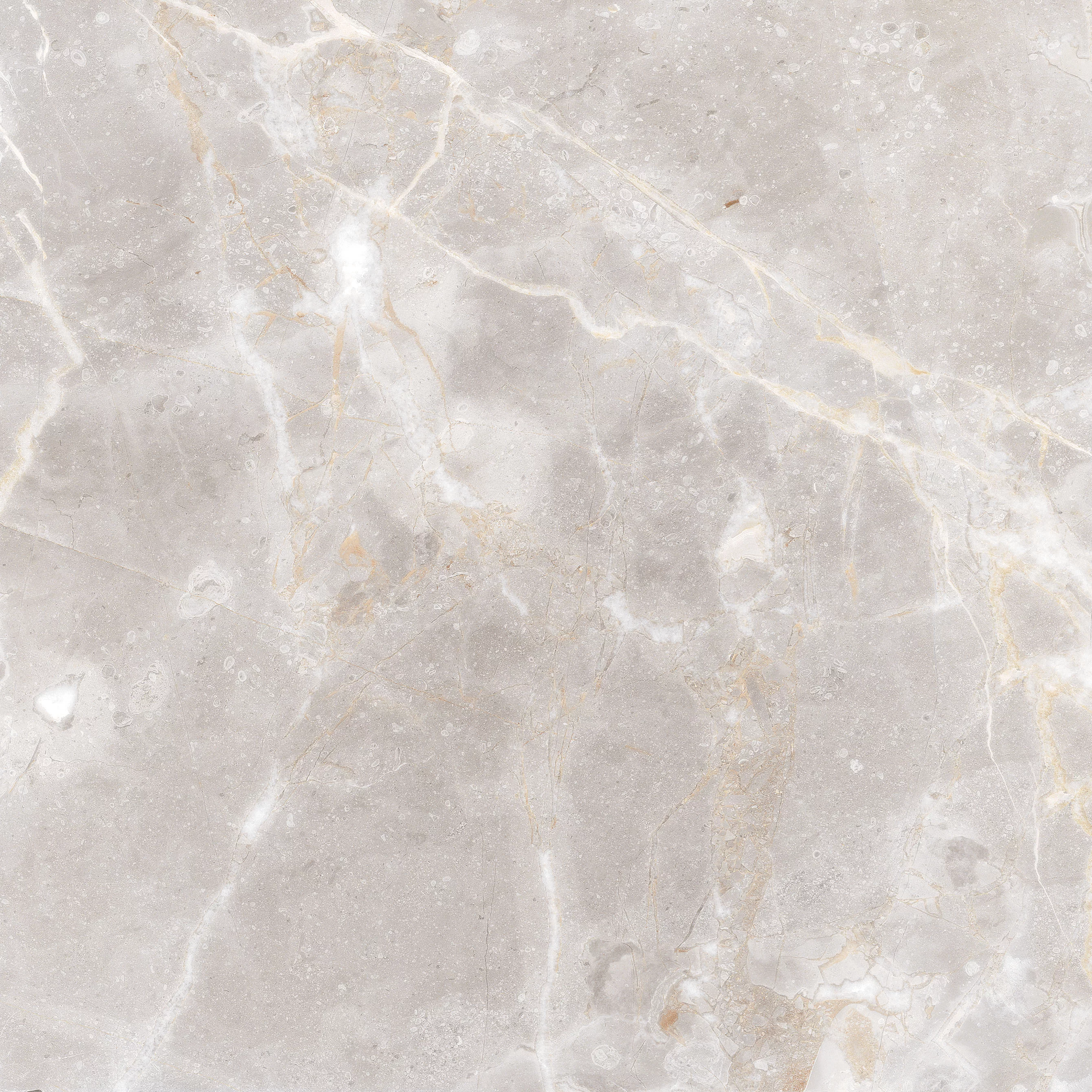 GRESIE 391 - 60X60 cm, porțelanată, rectificată, în nuanțe de gri deschis cu vene albe și aurii, finisaj lucios elegant, potrivită pentru interioare moderne și rafinate.