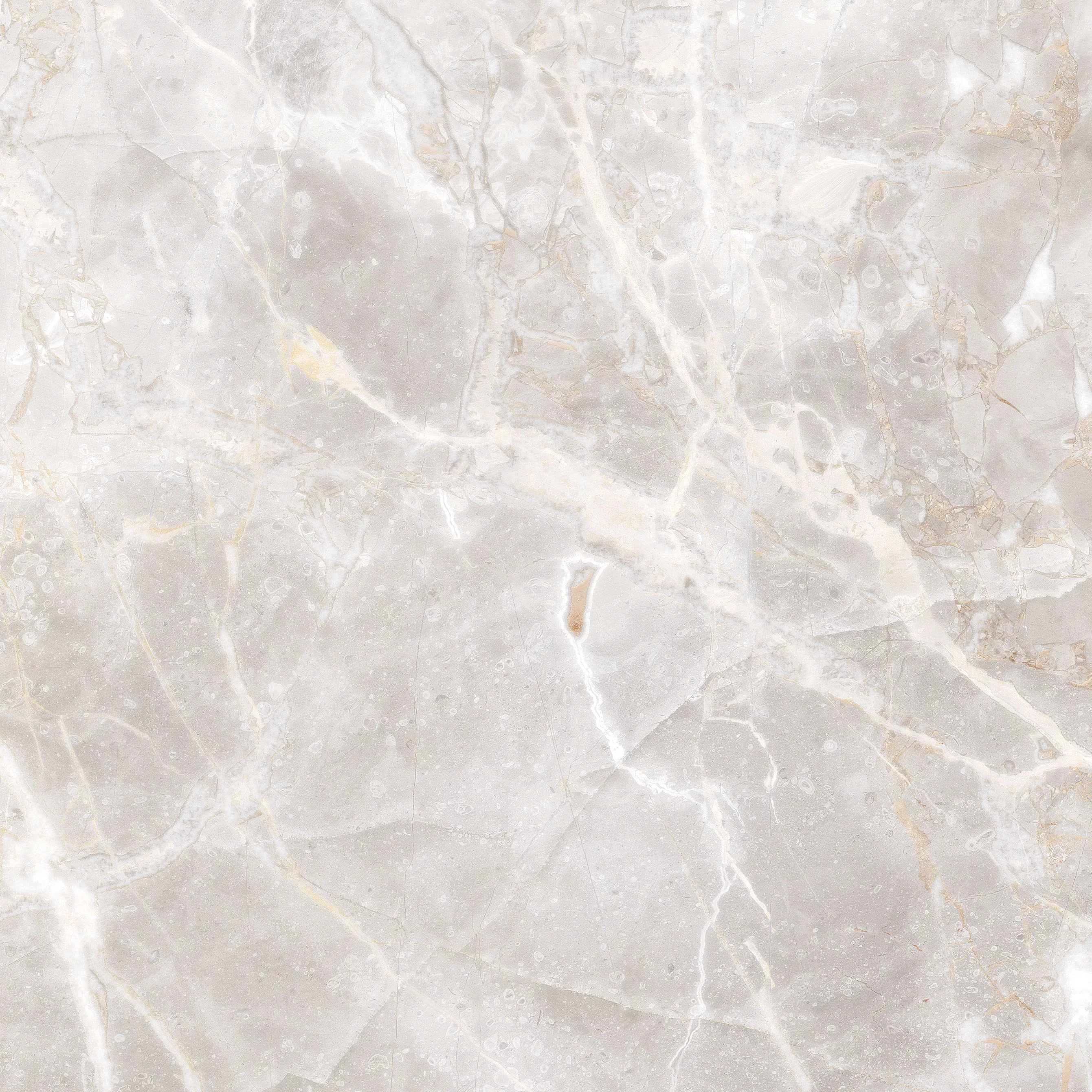 GRESIE 391 - 60X60 cm, porțelanată, rectificată, în nuanțe de gri deschis cu vene albe și aurii, finisaj lucios elegant, potrivită pentru interioare moderne și rafinate.