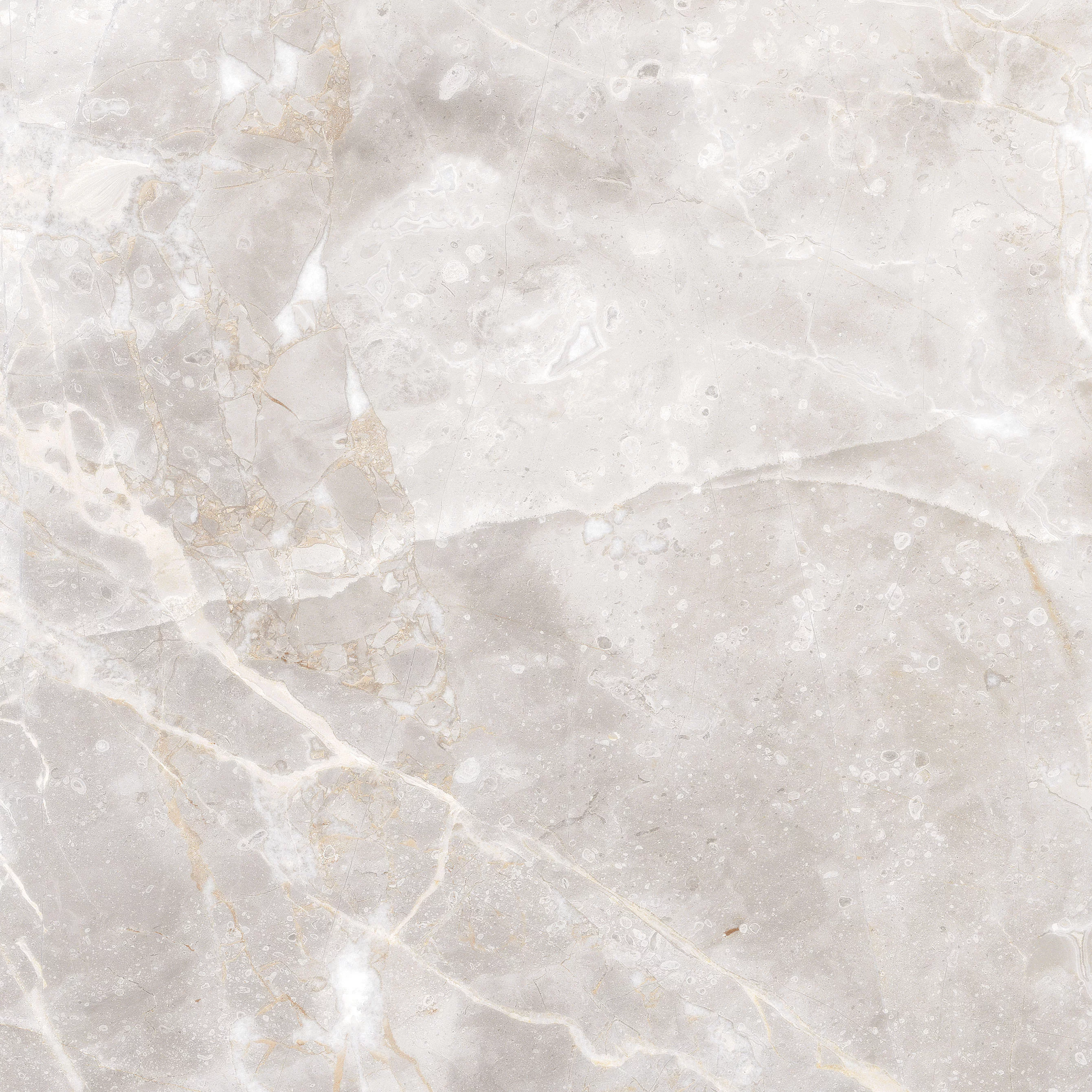 GRESIE 391 - 60X60 cm, porțelanată, rectificată, în nuanțe de gri deschis cu vene albe și aurii, finisaj lucios elegant, potrivită pentru interioare moderne și rafinate.
