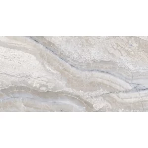 GRESIE BOLONIA WHITE - 60X120 cm, porțelanată, lucioasă, aspect de marmura naturala in nuanțe alb–bej cu striații naturale gri, rectificată, ideală pentru interior și exterior.