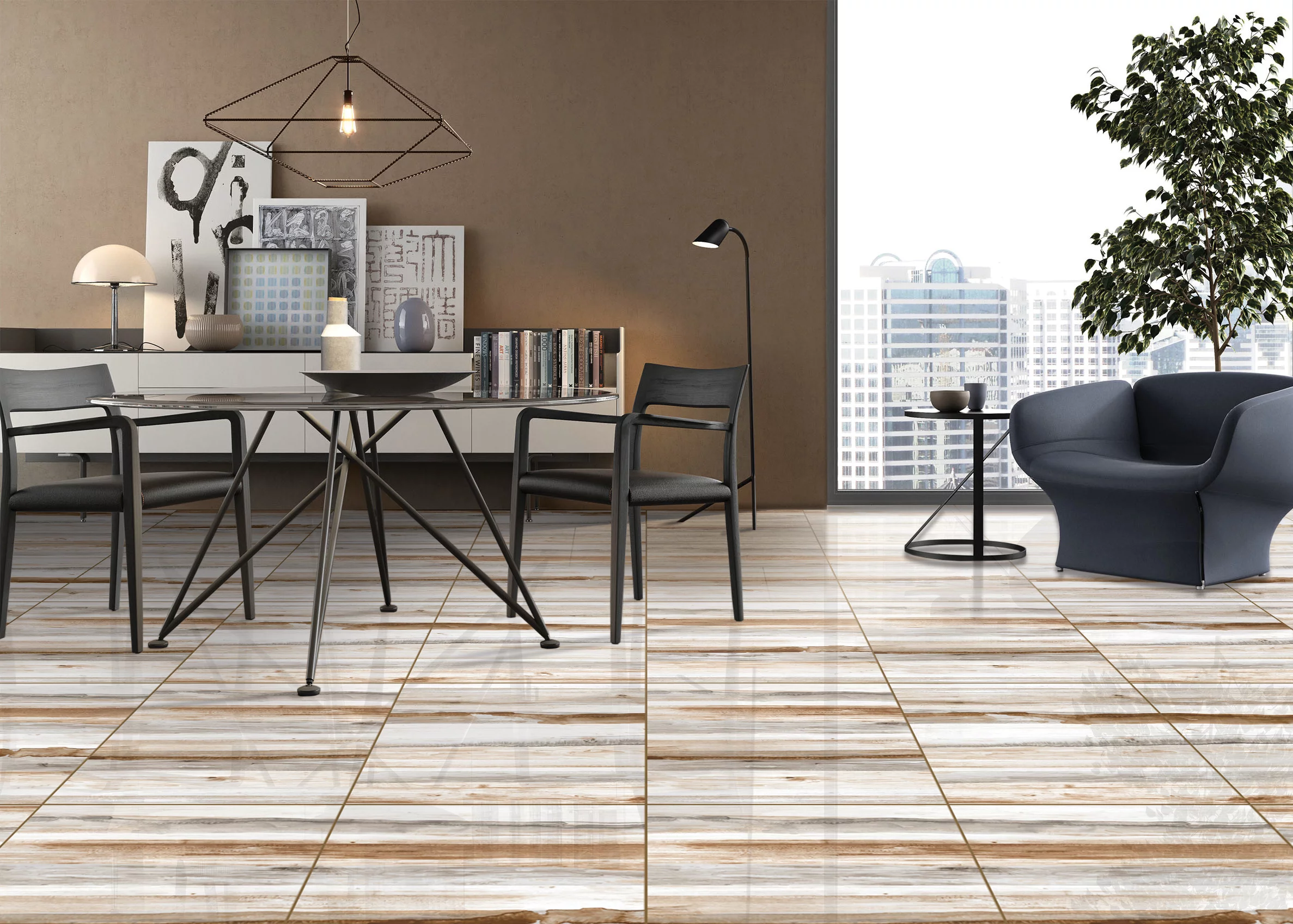 GRESIE OLFUS WOOD WHITE - 60X60 cm, porțelanată, lucioasă, model imitatie lemn alb cu nuanțe naturale de bej și gri, rectificată, ideală pentru interioare elegante și moderne.