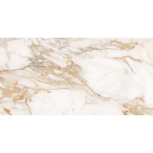 GRESIE CALACATTA GOLD GRANDE - 60X120 cm, porțelanată, lucioasă, finisaj marmură Calacatta cu inserții aurii și nuanțe calde de bej, ideală pentru spații interioare elegante și luxoase.