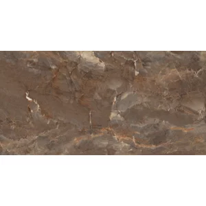 GRESIE THUNDER RUST GRANDE - 60X120 cm, porțelanată, rectificată, cu finisaj super lucios (high glossy), nuanțe intense de maro și ruginiu pe fond gri-brun, pentru interioare luxoase și moderne.