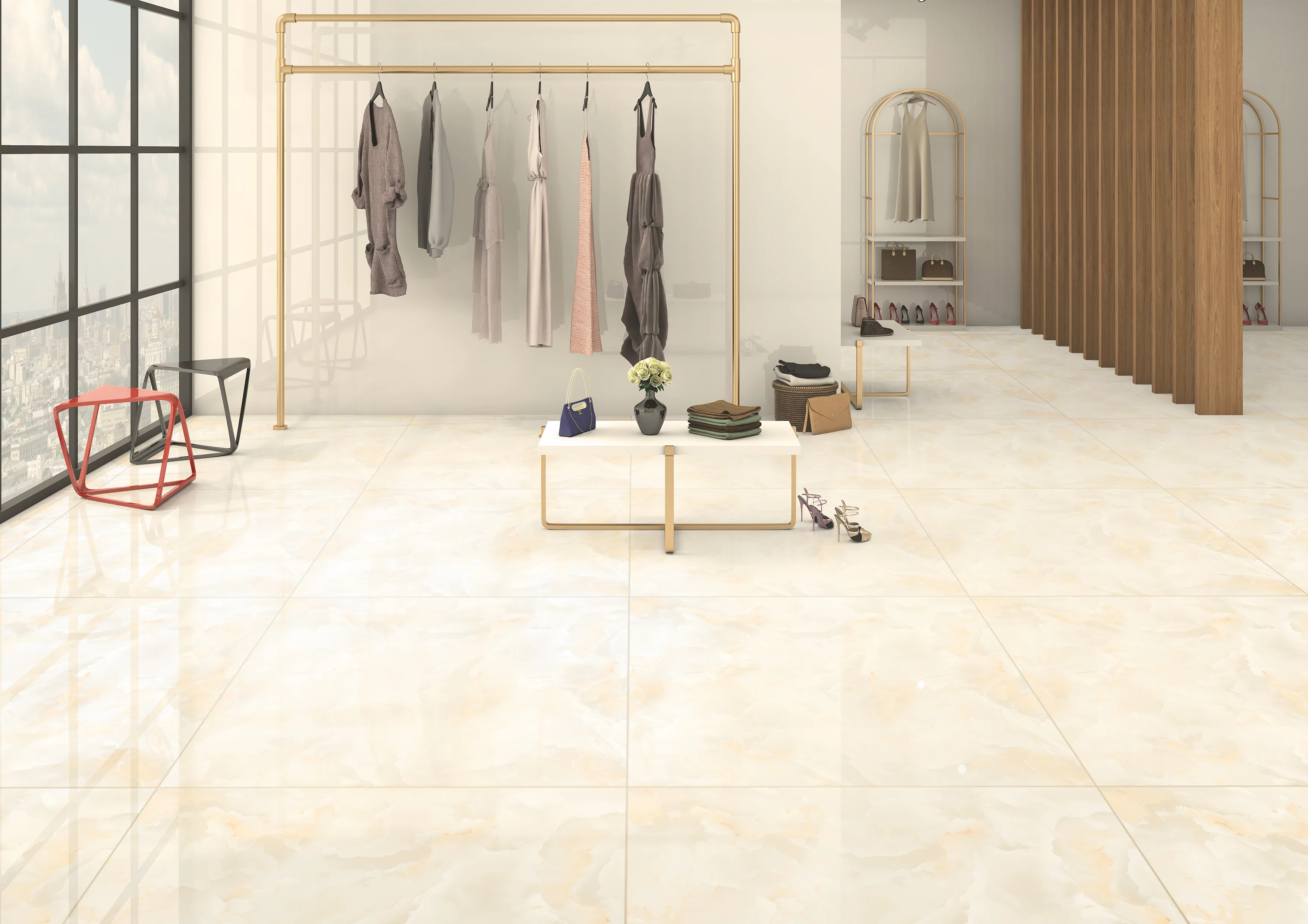 GRESIE SKY ONYX BEIGE - 60X60 cm, porțelanată, lucioasă, aspect de piatra naturala Onyx cu nuanțe elegante de bej și crem, ce conferă un aspect luxos și sofisticat spațiilor interioare.
