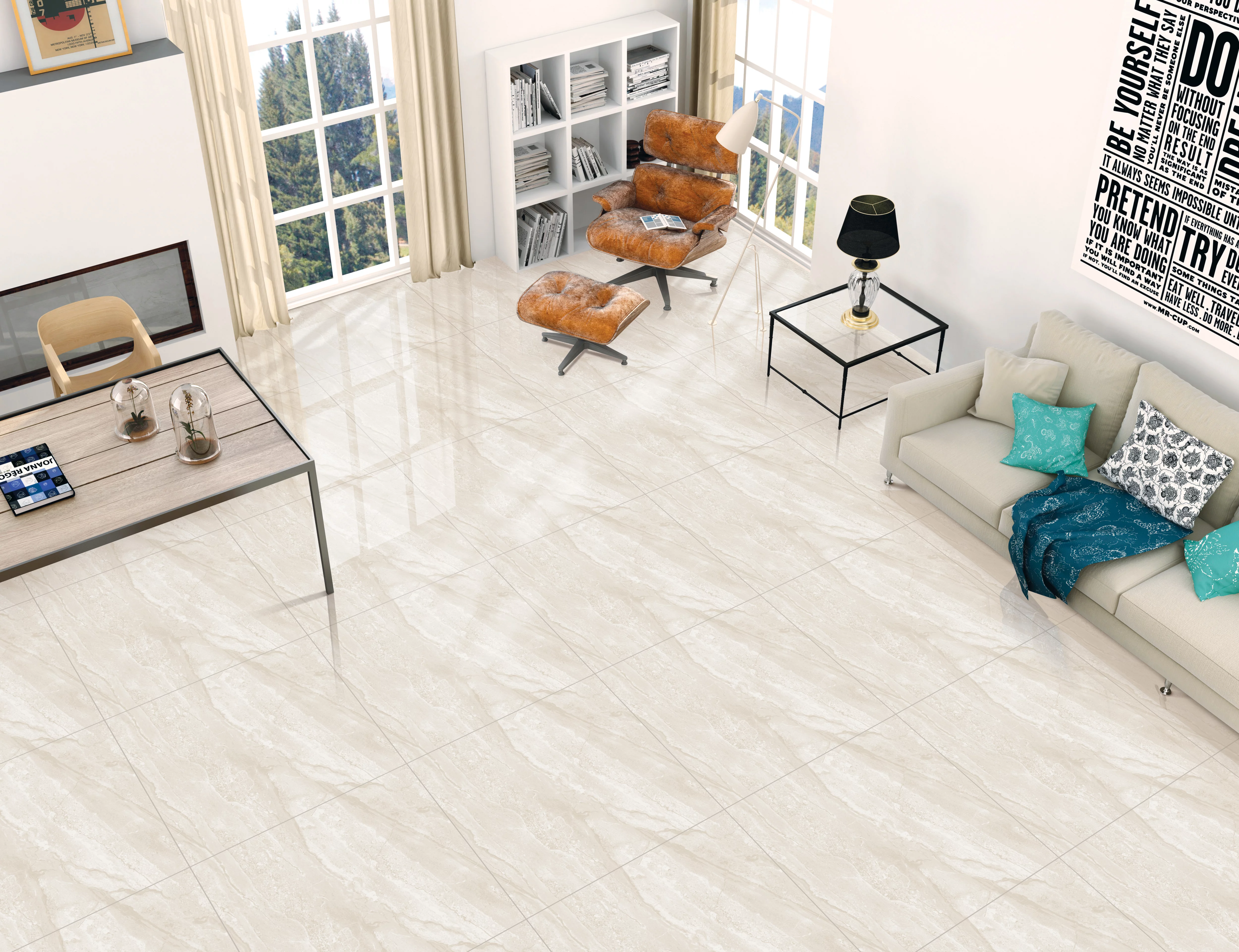 GRESIE CL-1052 SOLUBLE SALT - 60X60 cm, portelanată, rectificata, în nuanțe de bej deschis cu vene fine, aspect de piatră naturală lucioasă, ideală pentru spații elegante și luminoase.