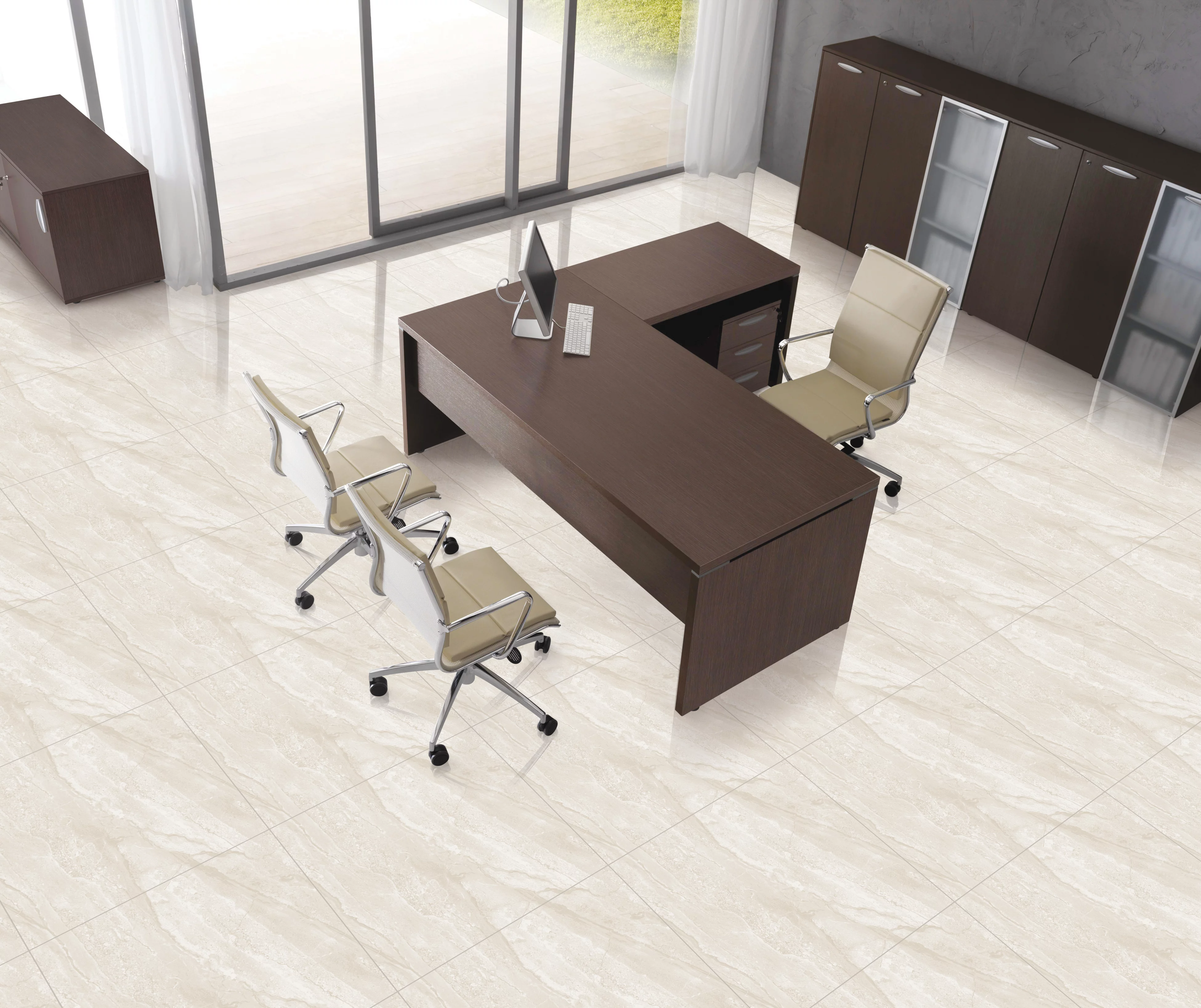 GRESIE CL-1052 SOLUBLE SALT - 60X60 cm, portelanată, rectificata, în nuanțe de bej deschis cu vene fine, aspect de piatră naturală lucioasă, ideală pentru spații elegante și luminoase.