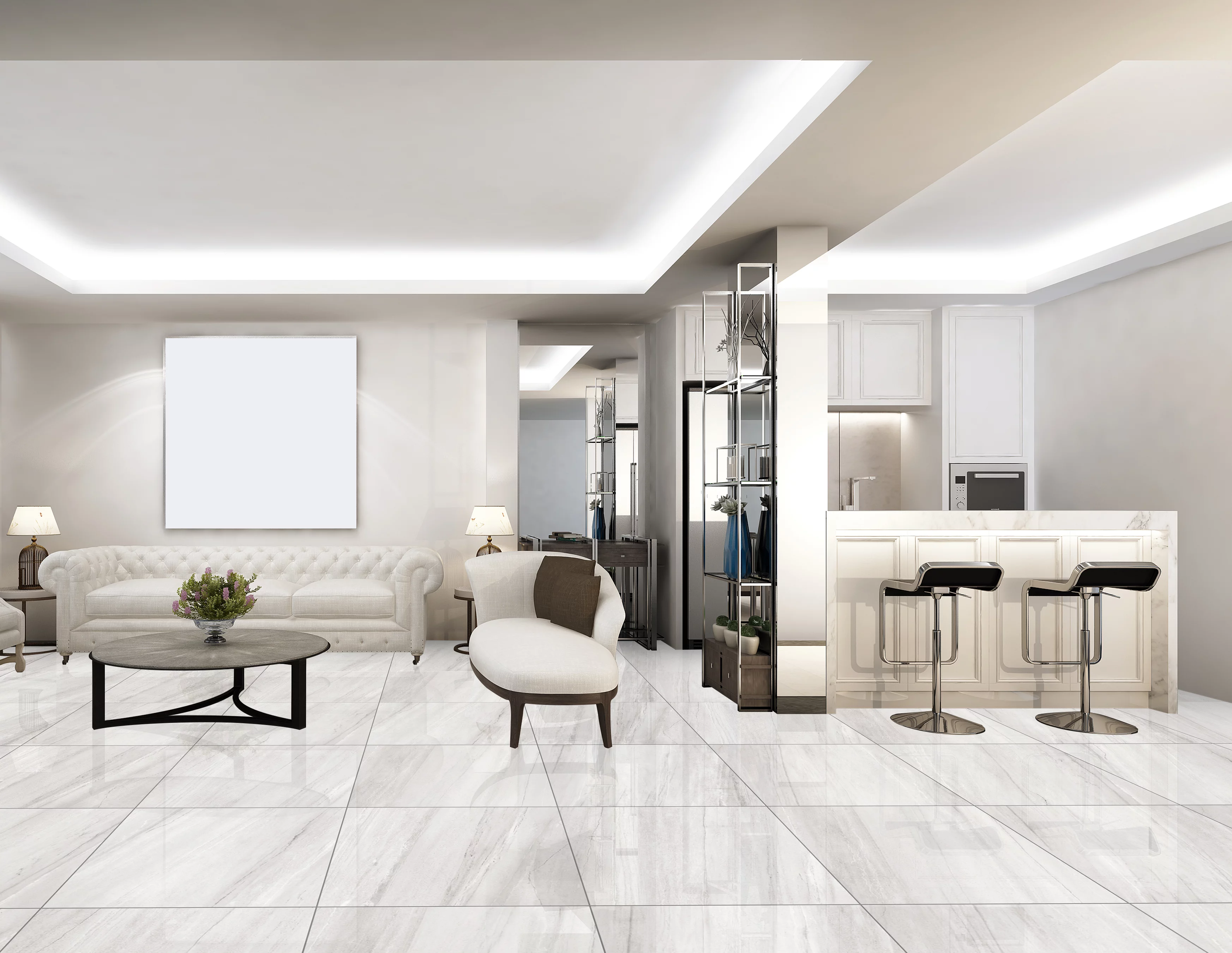 GRESIE MARBLE THASOS - 60X60 cm, porțelanată, în nuanțe de gri deschis cu vene fine, aspect de marmură naturală lucioasă, ideală pentru interioare elegante și moderne.