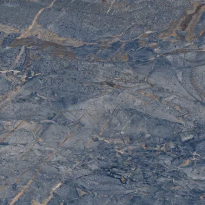 GRESIE PANARIA BLUE - 60X60 cm, porțelanată, în nuanțe de albastru intens cu inserții subtile aurii, aspect lucios cu efect cameleonic de piatră naturală, ideală pentru interioare rafinate.