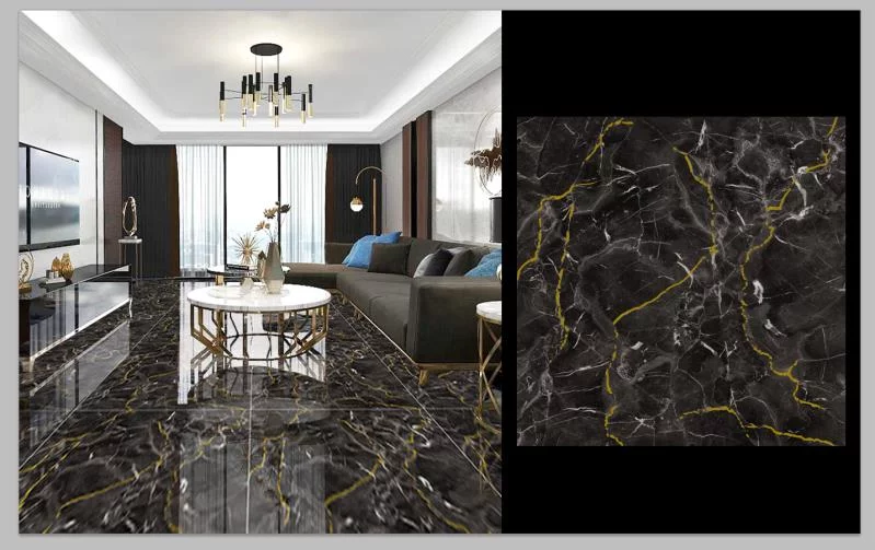 GRESIE T60213G - 60X60 cm, porțelanată, în nuanțe de negru intens cu vene aurii elegante, finisaj lucios și rectificat, ideală pentru interioare sofisticate.