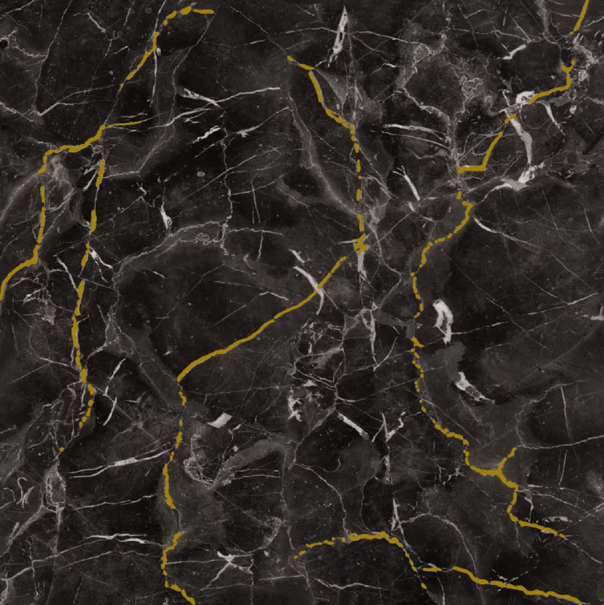 GRESIE T60213G - 60X60 cm, porțelanată, în nuanțe de negru intens cu vene aurii elegante, finisaj lucios și rectificat, ideală pentru interioare sofisticate.