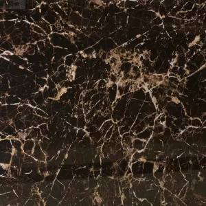 GRESIE ROYAL BLACK T60222G - 60X60 cm, porțelanată, lucioasă, în nuanțe de negru intens cu vene albe și inserții aurii spectaculoase, finisaj luxos și rectificat, ideală pentru interioare elegante.