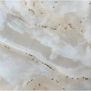 GRESIE T60194G-SH - 60X60 cm, porțelanată, lucioasă, în nuanțe de alb-crem cu aspect translucid de onix și inserții aurii delicate, rectificată și finisată premium pentru interioare elegante.