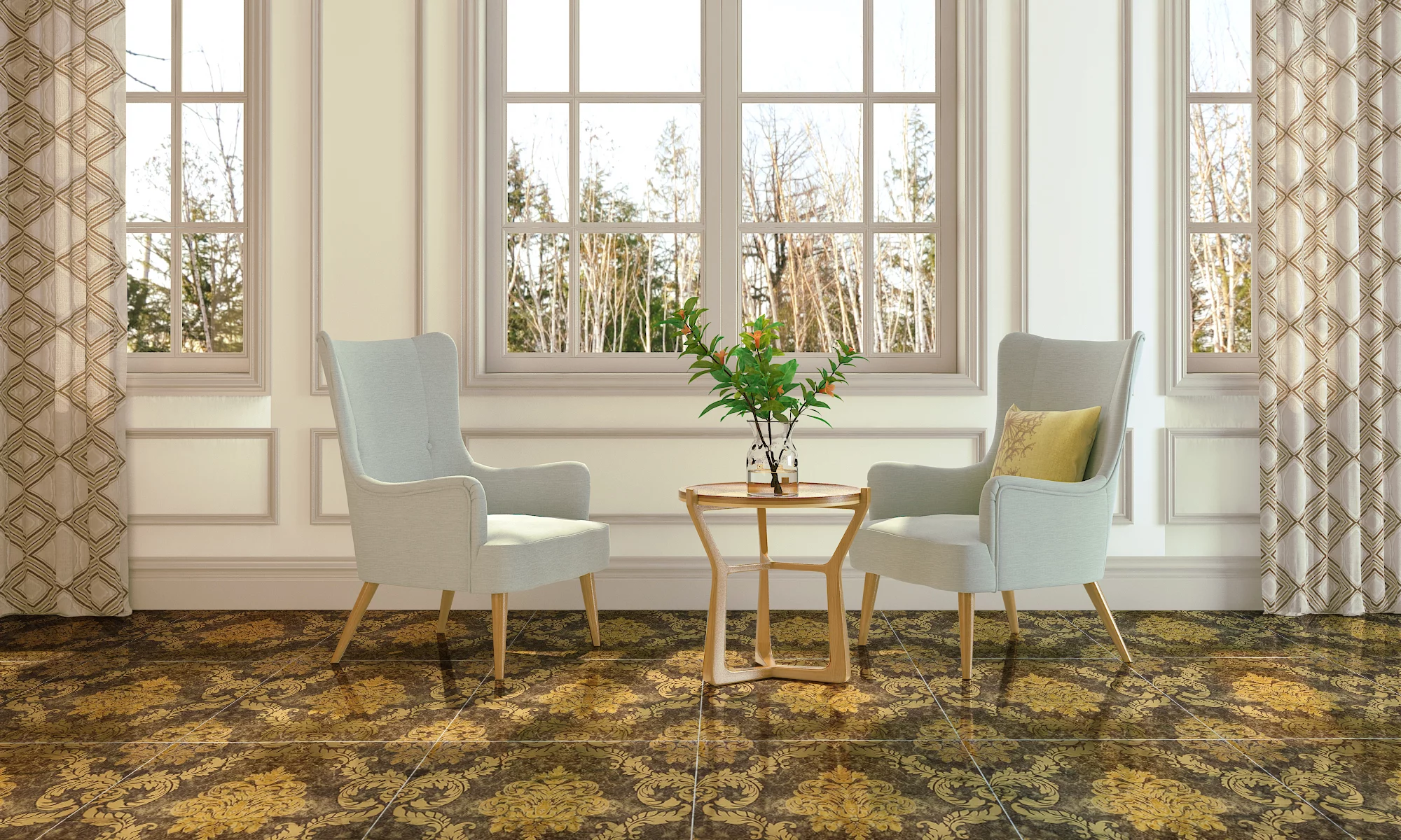 GRESIE T60225G-M - 60X60 cm, porțelanată, decorativă, în nuanțe de maro cu detalii aurii baroce, finisaj super lucios High Glossy Mirror, ideală pentru placare pereti, pentru interioare elegante și luxoase.