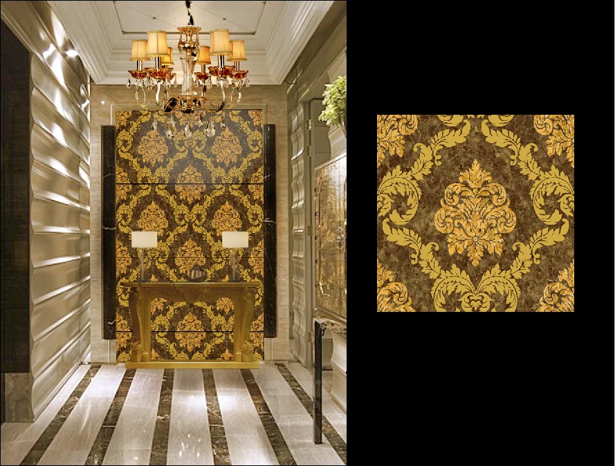 GRESIE T60225G-M - 60X60 cm, porțelanată, decorativă, în nuanțe de maro cu detalii aurii baroce, finisaj super lucios High Glossy Mirror, ideală pentru placare pereti, pentru interioare elegante și luxoase.