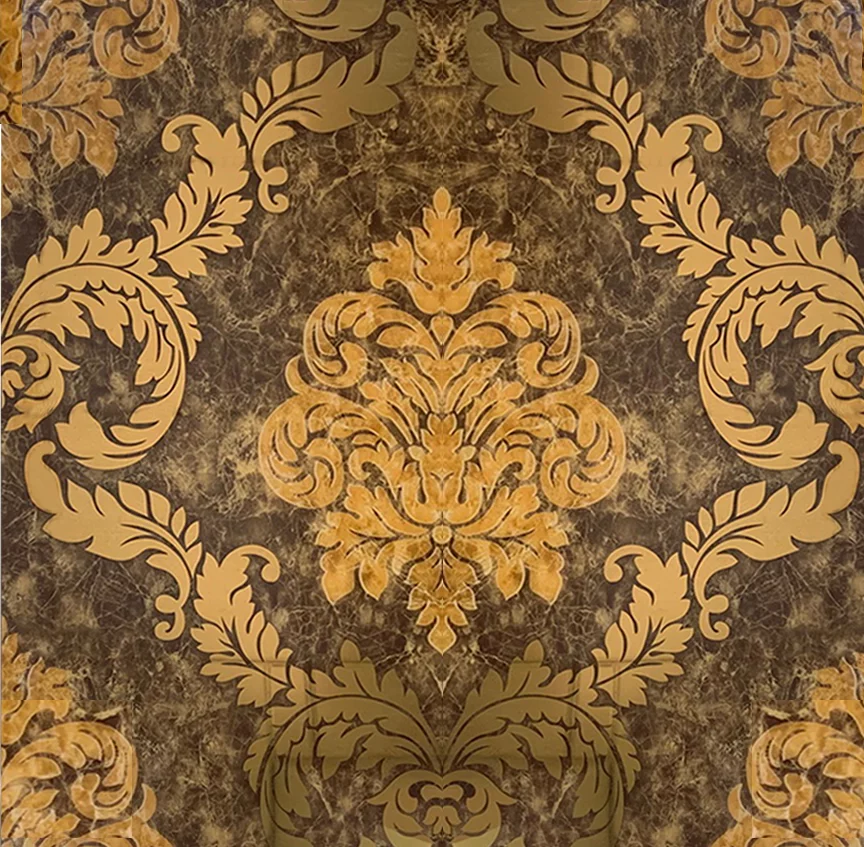 GRESIE T60225G-M - 60X60 cm, porțelanată, decorativă, în nuanțe de maro cu detalii aurii baroce, finisaj super lucios High Glossy Mirror, ideală pentru placare pereti, pentru interioare elegante și luxoase.