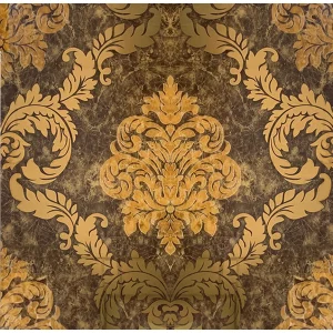 GRESIE T60225G-M - 60X60 cm, porțelanată, decorativă, în nuanțe de maro cu detalii aurii baroce, finisaj super lucios High Glossy Mirror, ideală pentru placare pereti, pentru interioare elegante și luxoase.