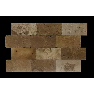 TRAVERTIN NOCHE ANTIQUE MIX - 15.2X30.5X1 cm, finisaj antichizat (tumbled), în nuanțe variate de maro, ideal pentru amenajări rustice și mediteraneene.