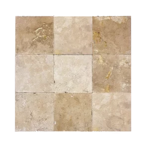 TRAVERTIN CLASSIC - 20.3X20.3X1 cm, cu finisaj antichizat (tumbled) și suprafață nechituită, ideal pentru proiecte cu aspect rustic și natural.