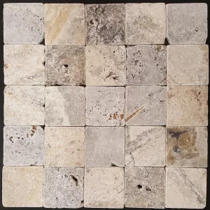 TRAVERTIN SILVER - 10X10 cm, cu finisaj antichizat tumbled, in nuanțe elegante de gri, crem și bej, perfect pentru proiecte cu stil rustic sau contemporan.