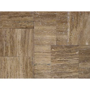 TRAVERTIN NOCHE FP PERIAT - 1.2 cm, French Pattern format din 9 placi/ set, diverse dimensiuni, în nuanțe calde de maro, ideal pentru pardoseli naturale cu aspect rustic și rezistență la îngheț.