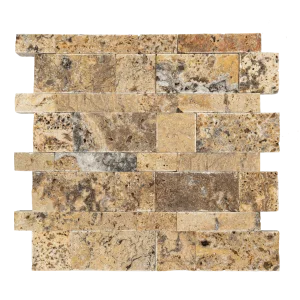 MOZAIC DIN TRAVERTIN SCABAS MINI PANEL - 29.6X28.4 cm, grosime variabila 1.5-1.8 cm, nuanțe calde de la crem și galben până la tonuri de rugină și maro, finisaj scapițat, ideal pentru placări verticale interioare și exterioare.
