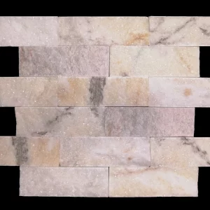 MARMURA RAINBOW - 5X15 cm, grosime variabila variabilă de 1.2-1.5 cm, finisaj scapitat, multicolor, ideal pentru placări de perete interioare și exterioare, nuanțe variate de alb, crem, galben, roz și gri, cu efect vizual strălucitor.