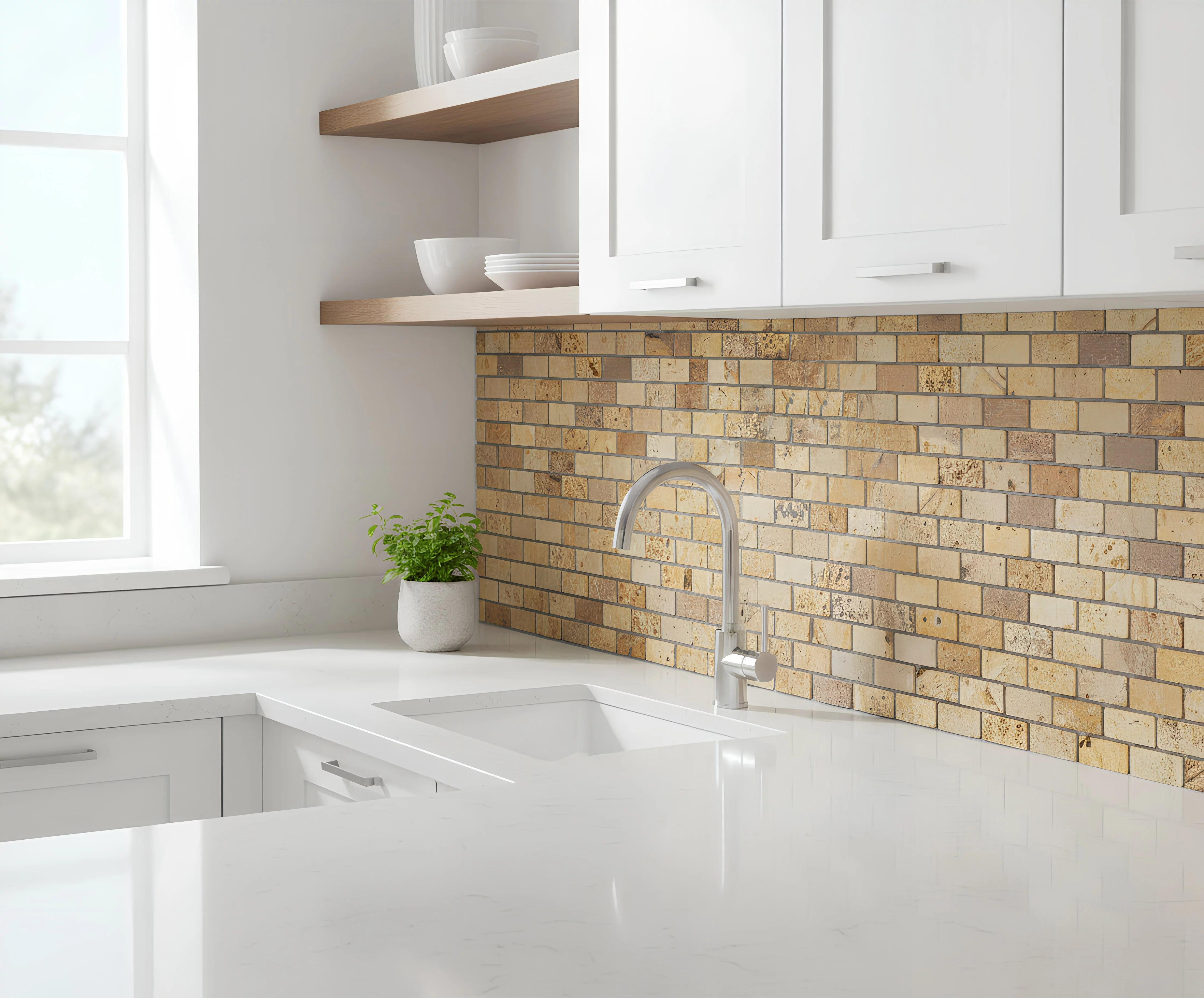 MOZAIC DIN TRAVERTIN SCABAS - 30.5x30.5 cm, grosime 1 cm, finisaj mat, tumbled, in nuante de bej, galben, crem, ruginiu și tonuri pământii, montat pe plasă, ideal pentru placări interioare cu aspect rustic și natural.