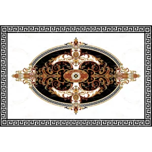 Covor ceramic FC-10692-G – 120x180 cm, design baroc luxuriant pe fundal negru cu detalii aurii și accente roșiatice. Format din 6 plăci lucioase, perfect pentru amenajări clasice.