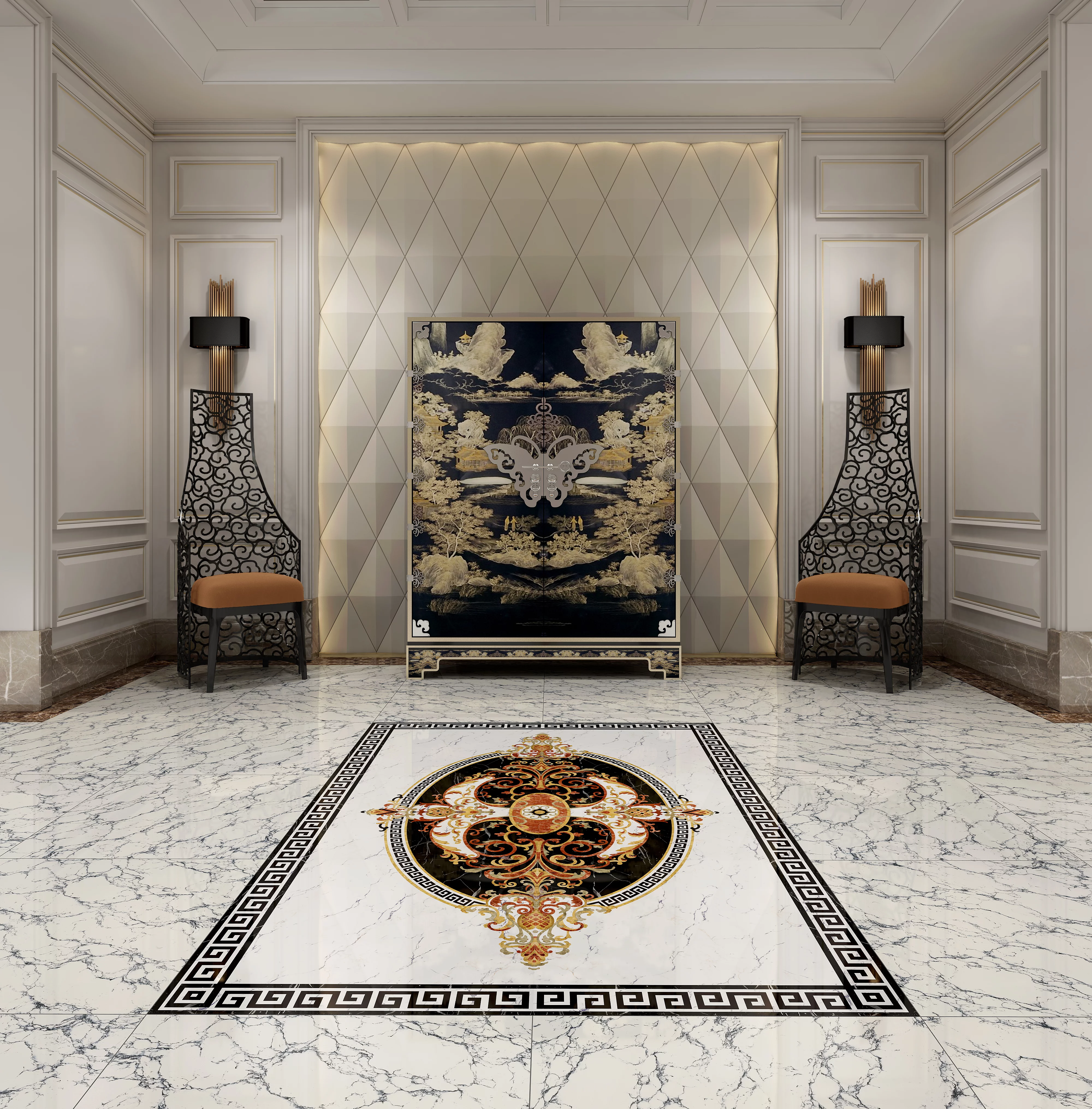 COVOR CERAMIC FC-11937-G (6PLACI) - 120x180 cm, design baroc oval cu fundal negru și accente aurii. Format din 6 plăci lucioase, ideal pentru spații clasice și luxoase.