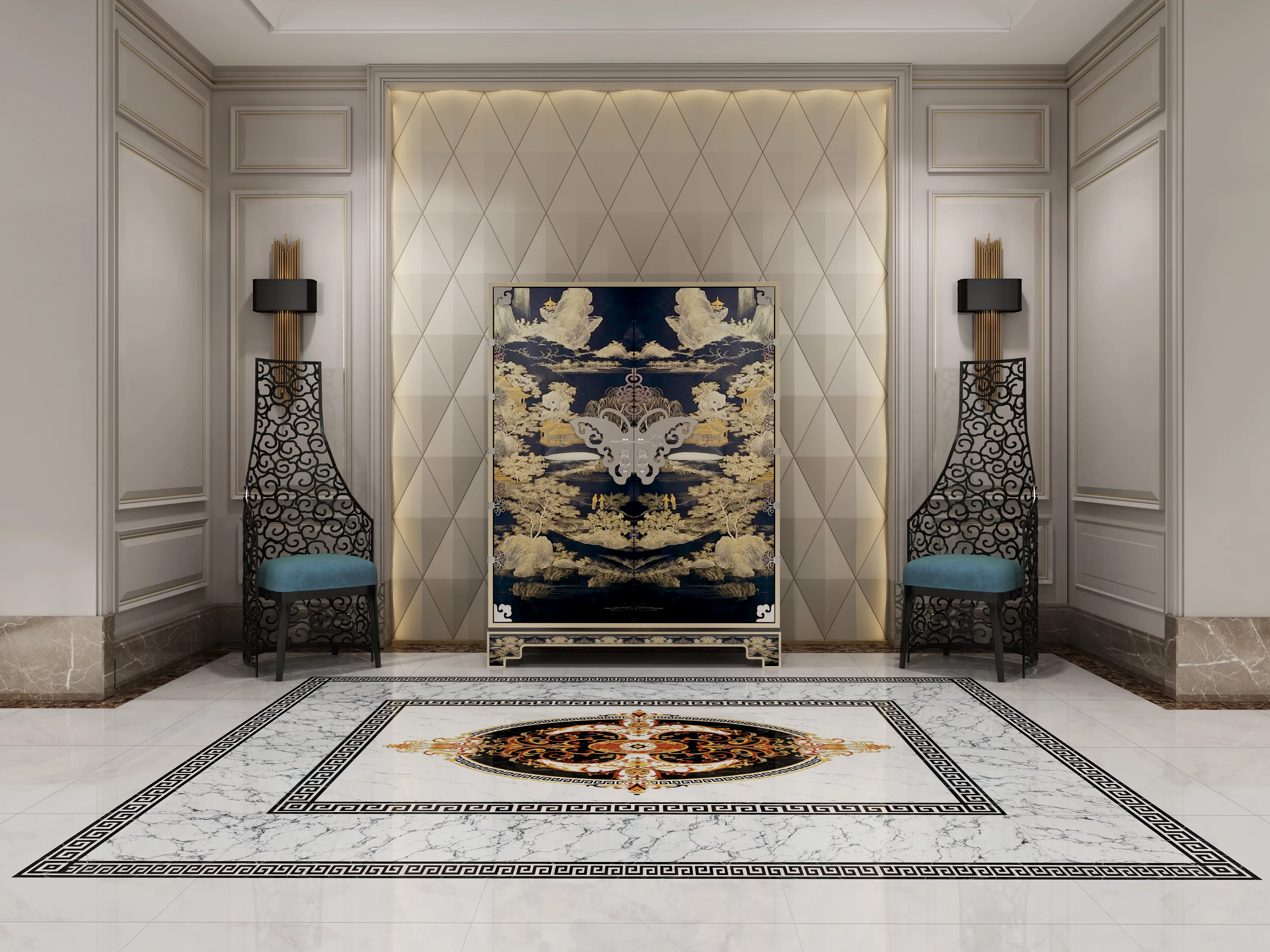 COVOR CERAMIC FC-11937-G (6PLACI) - 120x180 cm, design baroc oval cu fundal negru și accente aurii. Format din 6 plăci lucioase, ideal pentru spații clasice și luxoase.