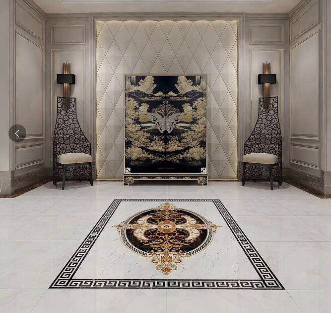 COVOR CERAMIC FC-11937-G (6PLACI) - 120x180 cm, design baroc oval cu fundal negru și accente aurii. Format din 6 plăci lucioase, ideal pentru spații clasice și luxoase.