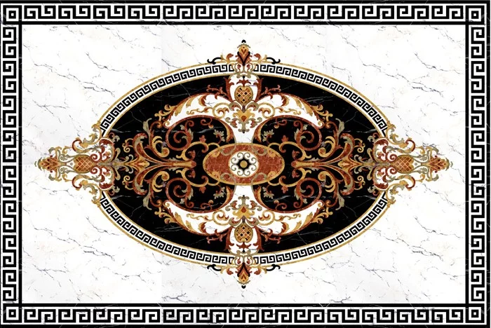 COVOR CERAMIC FC-11937-G (6PLACI) - 120x180 cm, design baroc oval cu fundal negru și accente aurii. Format din 6 plăci lucioase, ideal pentru spații clasice și luxoase.