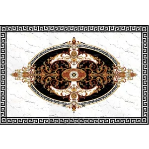 COVOR CERAMIC FC-11937-G (6PLACI) - 120x180 cm, design baroc oval cu fundal negru și accente aurii. Format din 6 plăci lucioase, ideal pentru spații clasice și luxoase.