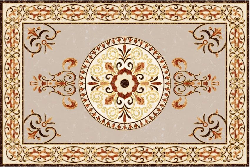 COVOR CERAMIC FC-14451 A-G-J (6 PLACI) - 120X180 cm, model floral central în tonuri calde de crem, bej, maro și bronz, pe fundal gri-bej elegant.