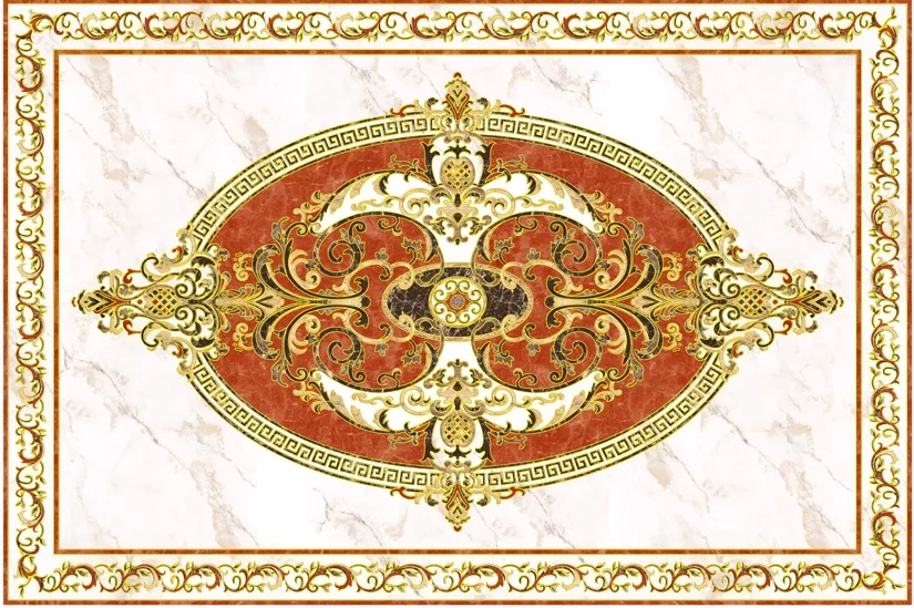 COVOR CERAMIC FC-14452A-G-J (6 PLACI) - 120X180 cm, cu motiv baroc oval în nuanțe de roșu imperial, auriu și crem pe fundal marmorat.