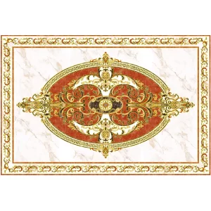 COVOR CERAMIC FC-14452A-G-J (6 PLACI) - 120X180 cm, cu motiv baroc oval în nuanțe de roșu imperial, auriu și crem pe fundal marmorat.