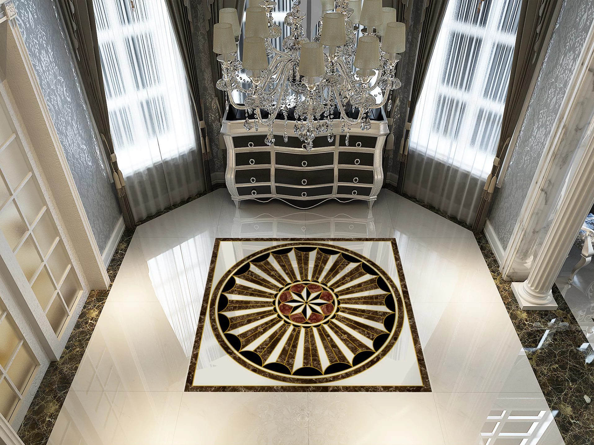 Covor ceramic FC-EG1212159 – 120x120 cm, model radial cu centru floral stilizat și design marmorat în tonuri maro și crem.