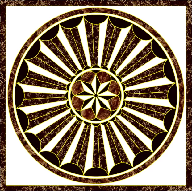 Covor ceramic FC-EG1212159 – 120x120 cm, model radial cu centru floral stilizat și design marmorat în tonuri maro și crem.