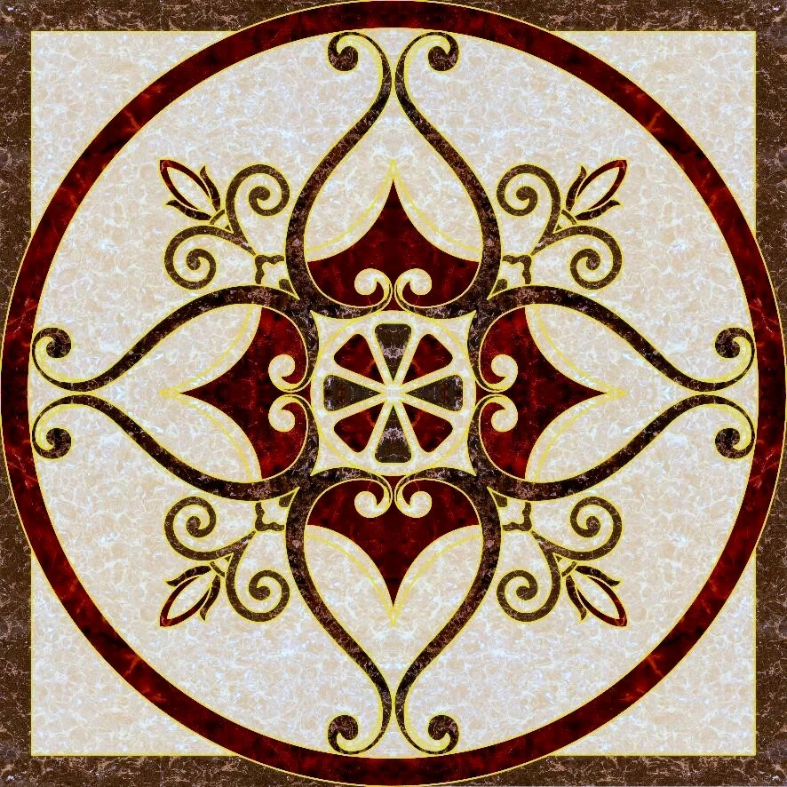 COVOR CERAMIC FC-66PHP14-2109 (4 PLACI) - 120X120 cm, design simetric floral cu accente în roșu granit și bej, realizat din 4 plăci portelanate glazurate.