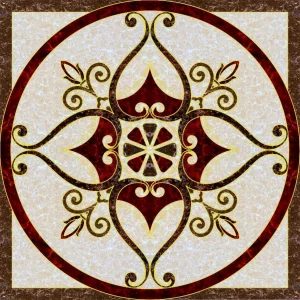 COVOR CERAMIC FC-66PHP14-2109 (4 PLACI) - 120X120 cm, design simetric floral cu accente în roșu granit și bej, realizat din 4 plăci portelanate glazurate.